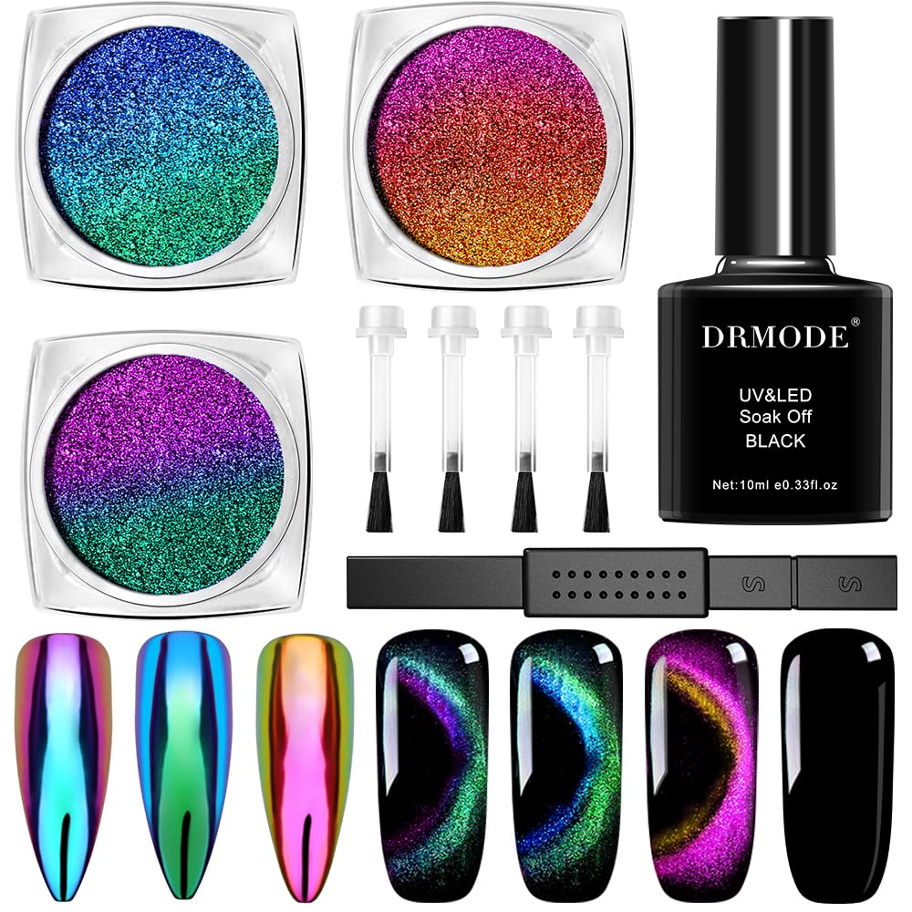 DRMODE cat eye powder collection 01 delivers dual cat eye and mirror effects for chic nails.