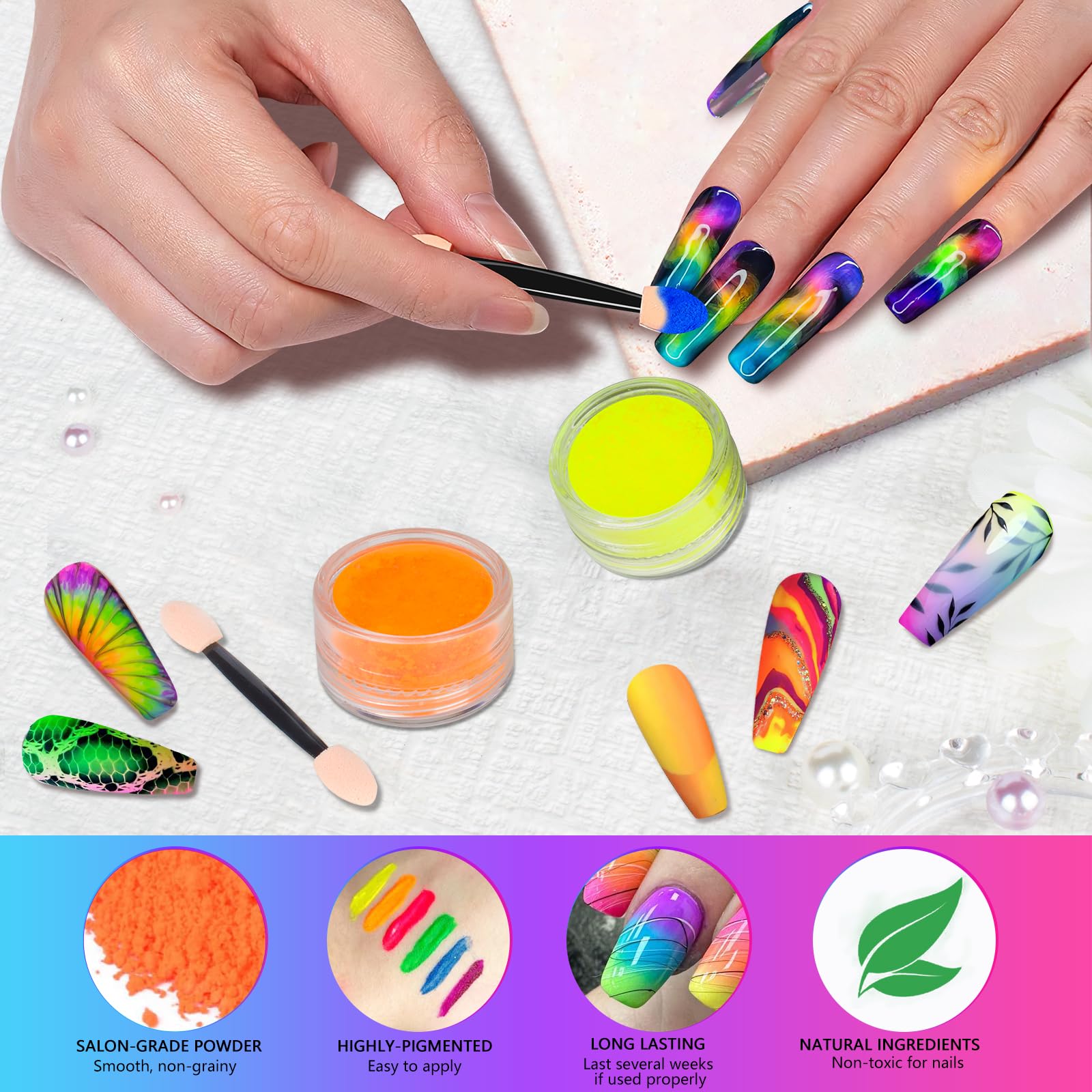 DRMODE Neno Neon pigment powder, compatible with UV gel applications for long-lasting shine.