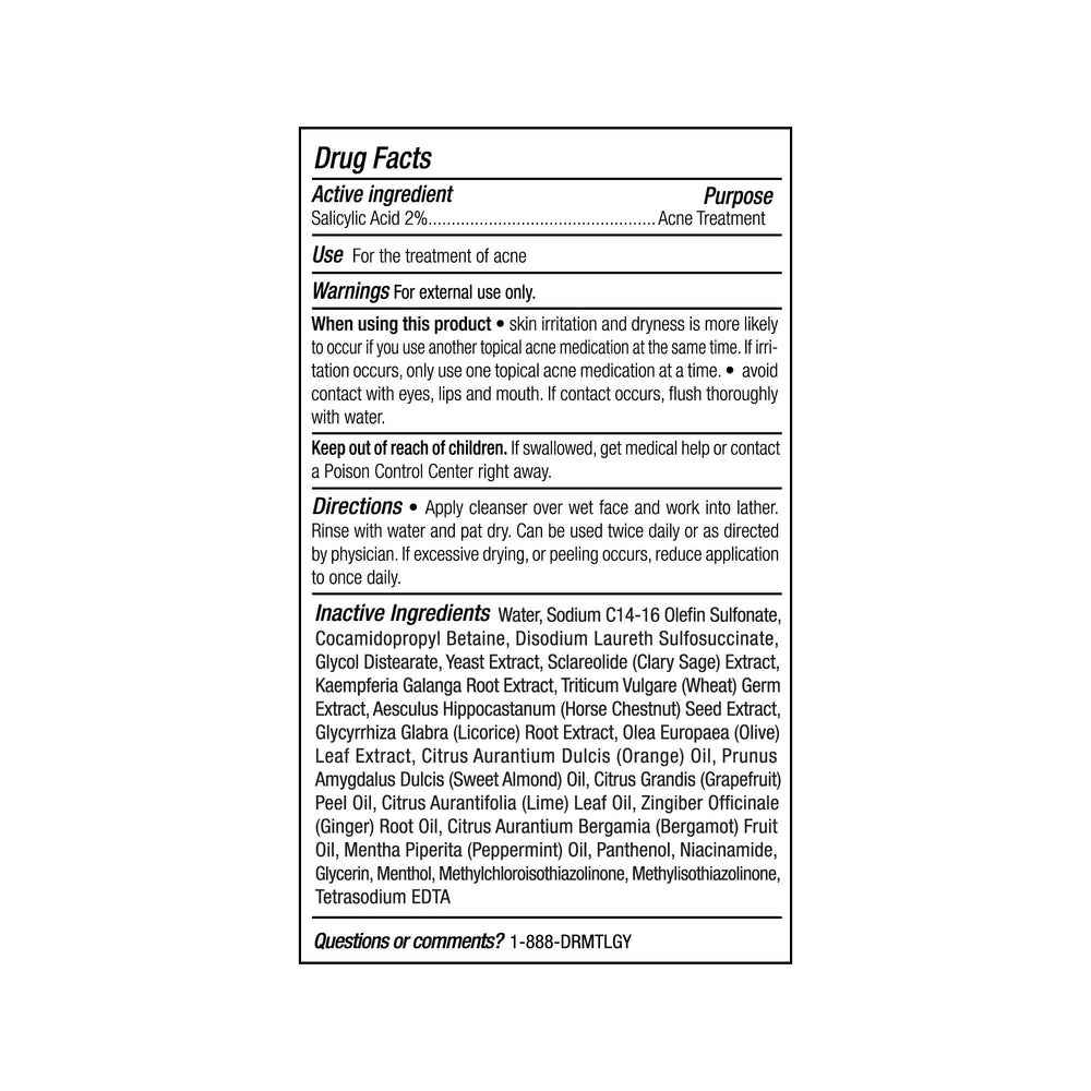 DRMTLGY Acne Cleanser packaging shown with towel, ideal for travel and routines