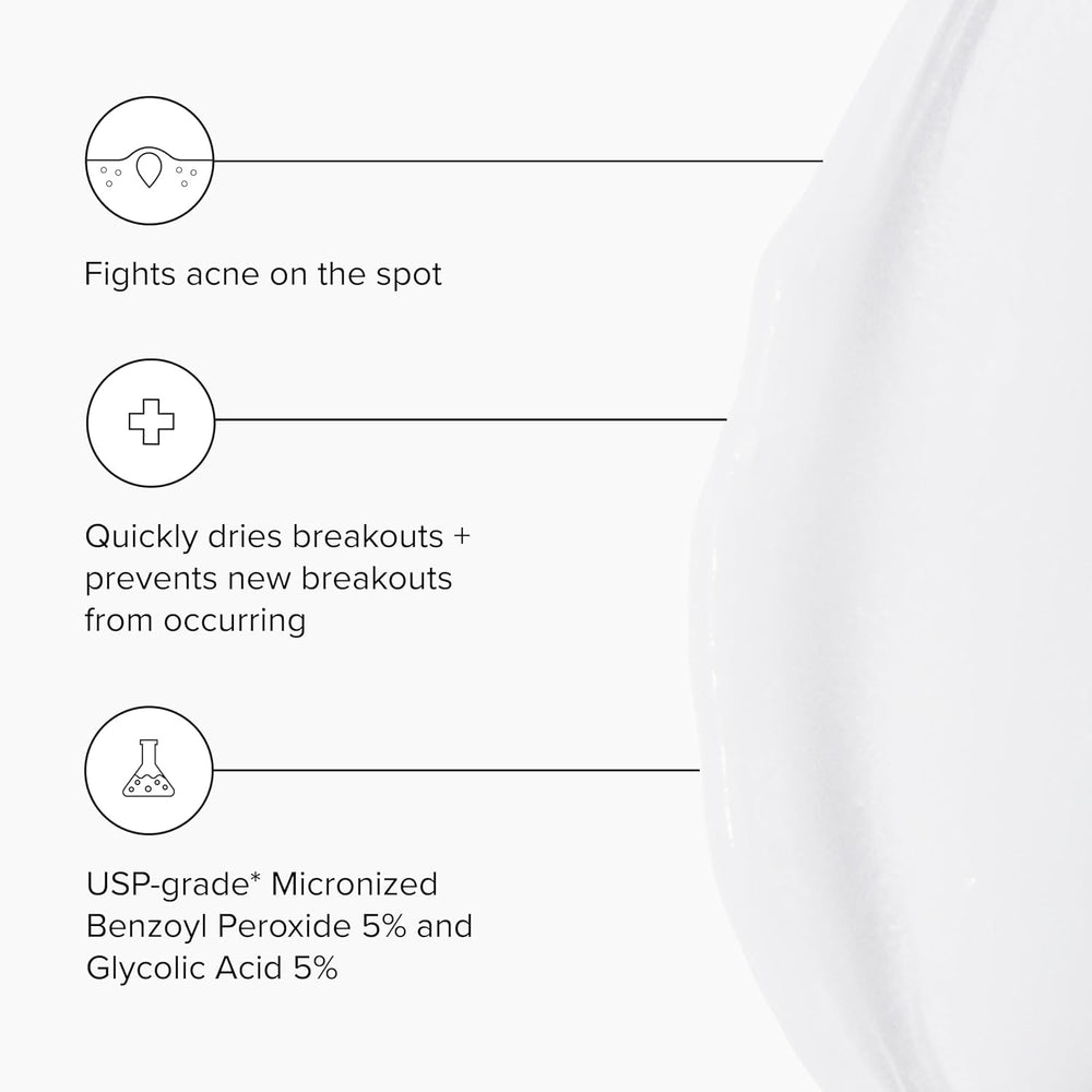Close-up of DRMTLGY benzoyl peroxide 5% label highlighting deep pore action.