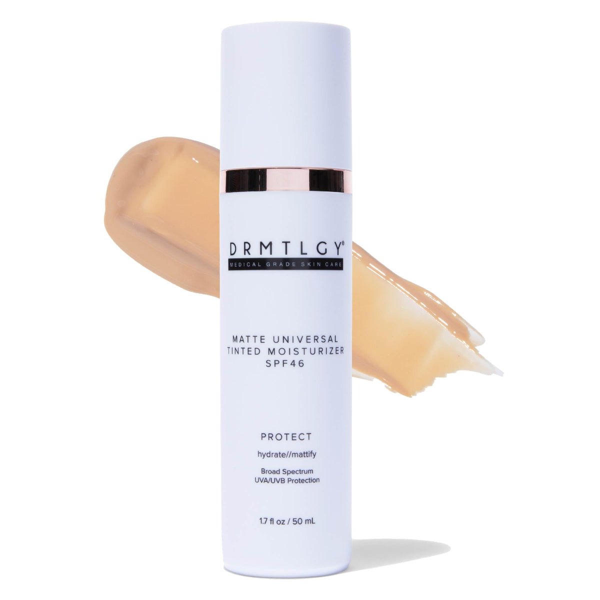 DRMTLGY Matte Tinted Moisturizer bottle shows portable SPF 46 protection for daily use.