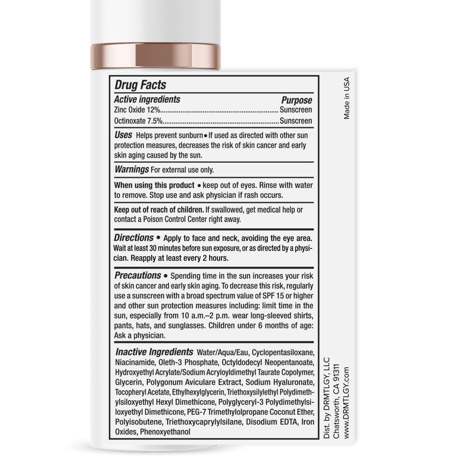 DRMTLGY SPF-46 badge confirms protection during everyday outdoor activities.