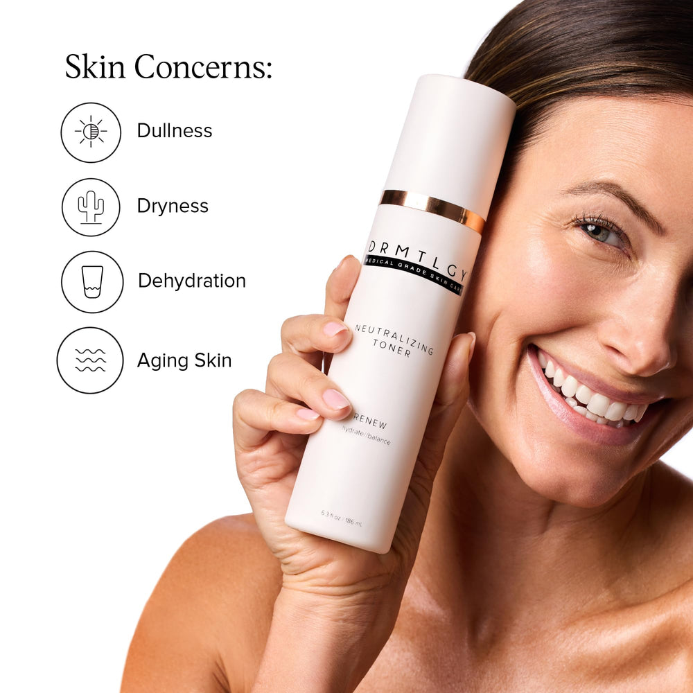 DRMTLGY toner being applied to face from palm for easy use