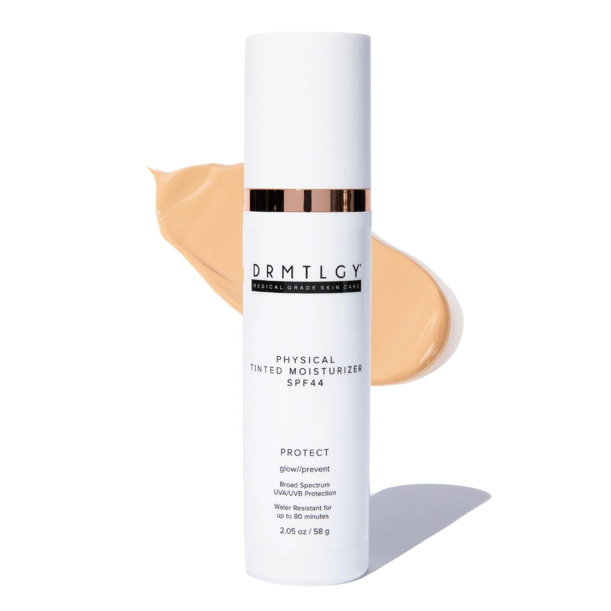 DRMTLGY Physical Tinted Moisturizer SPF 44 bottle shows natural coverage and protection