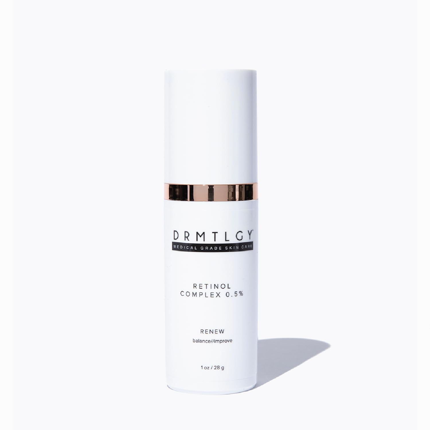 DRMTLGY Retinol Serum bottle on white surface for refined texture.