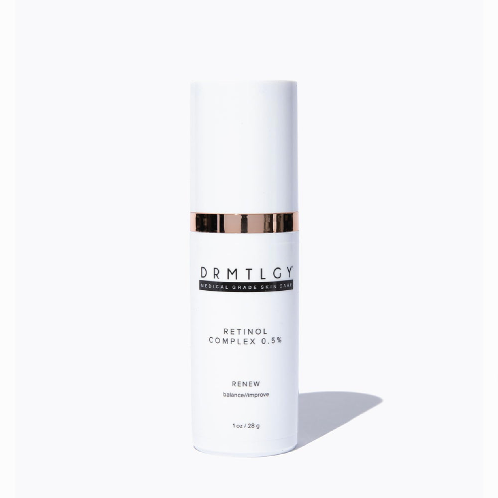 DRMTLGY Retinol Serum bottle on white surface for refined texture.