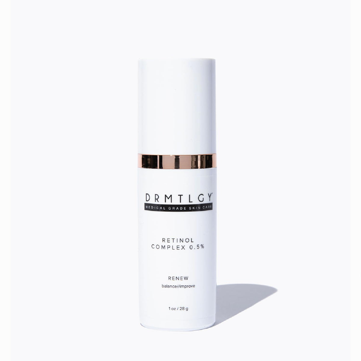 DRMTLGY Retinol Serum bottle on white surface for refined texture.