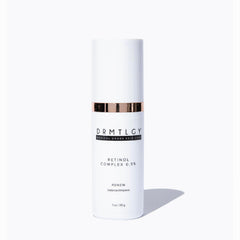 DRMTLGY Retinol Serum bottle on white surface for refined texture.