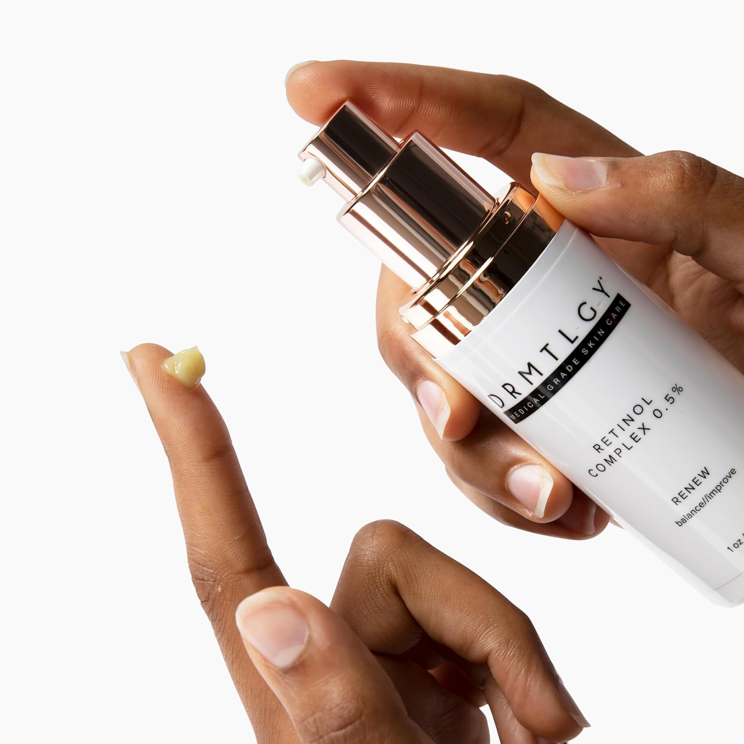DRMTLGY Retinol Serum applied on hand for everyday use.