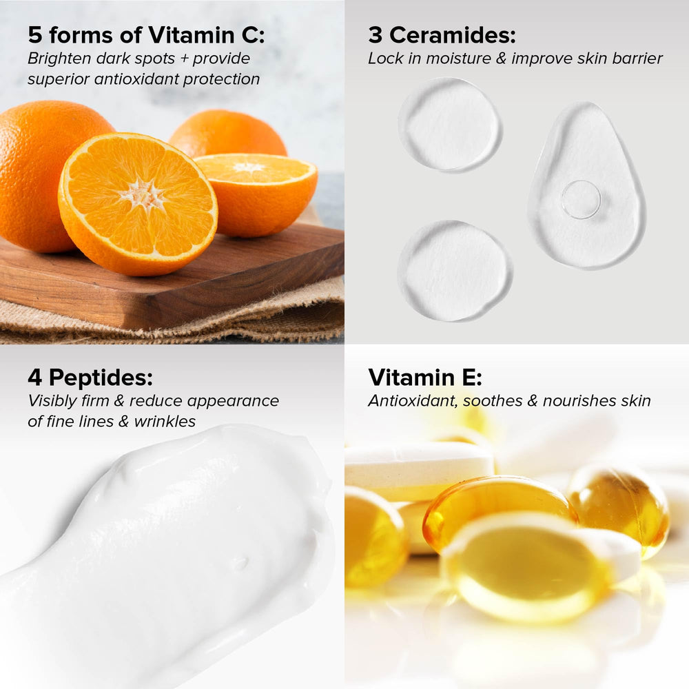 DRMTLGY Vitamin C Moisturizer ingredients closeup highlighting five forms.