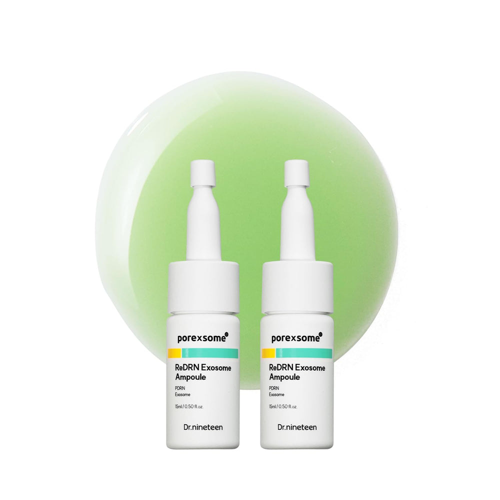 Dr.nineteen ReDRN Exosome Ampoule bottle highlighting pore tightening potential and premium branding