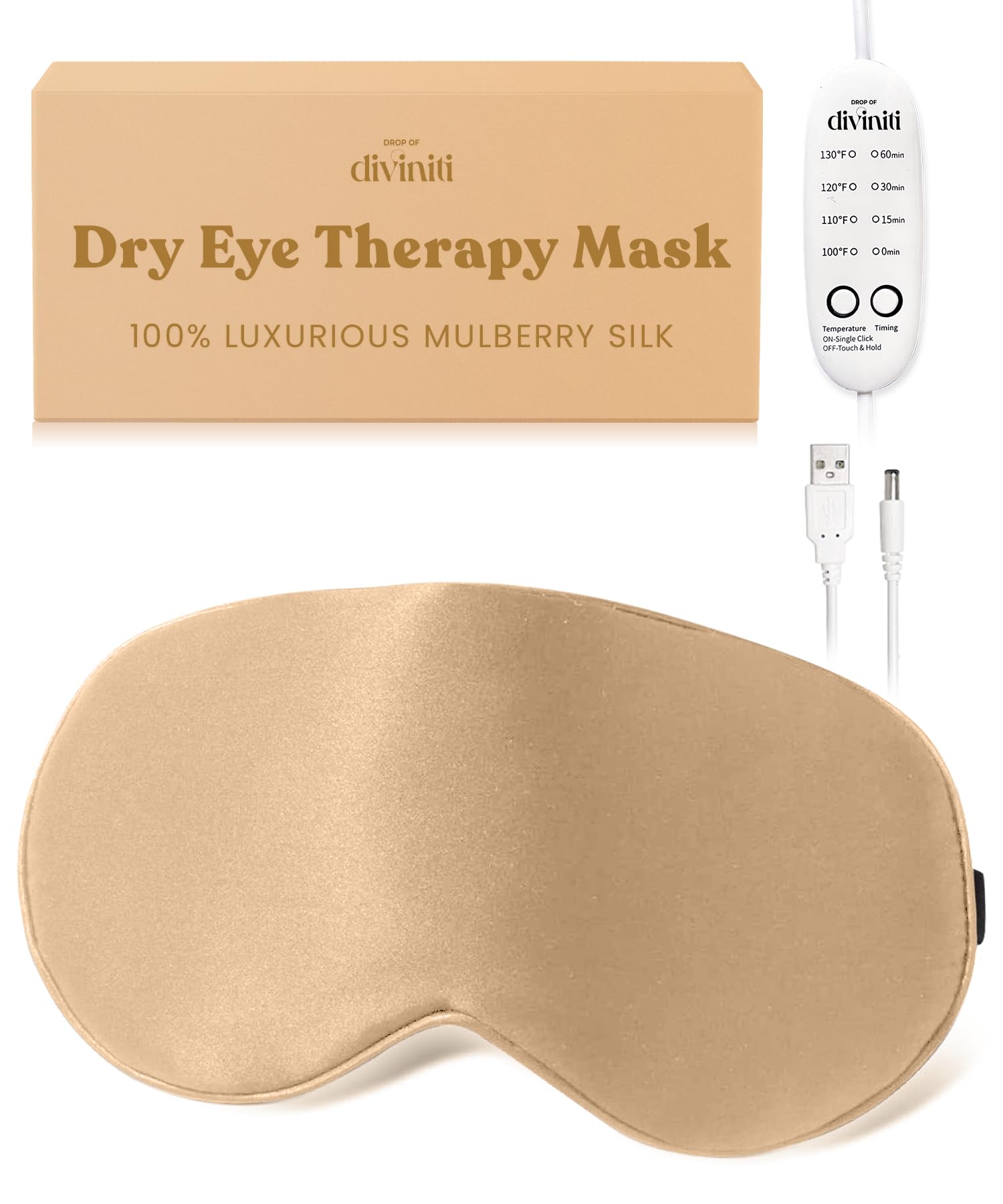Drop of Diviniti heated eye mask front view, soft silk exterior for gentle eye comfort.