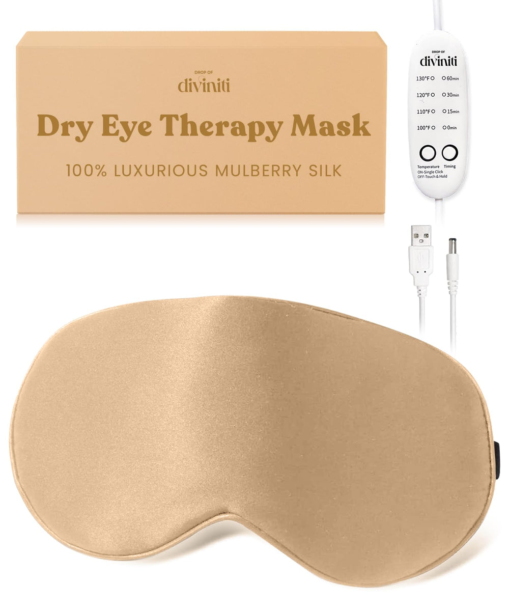 Drop of Diviniti heated eye mask front view, soft silk exterior for gentle eye comfort.