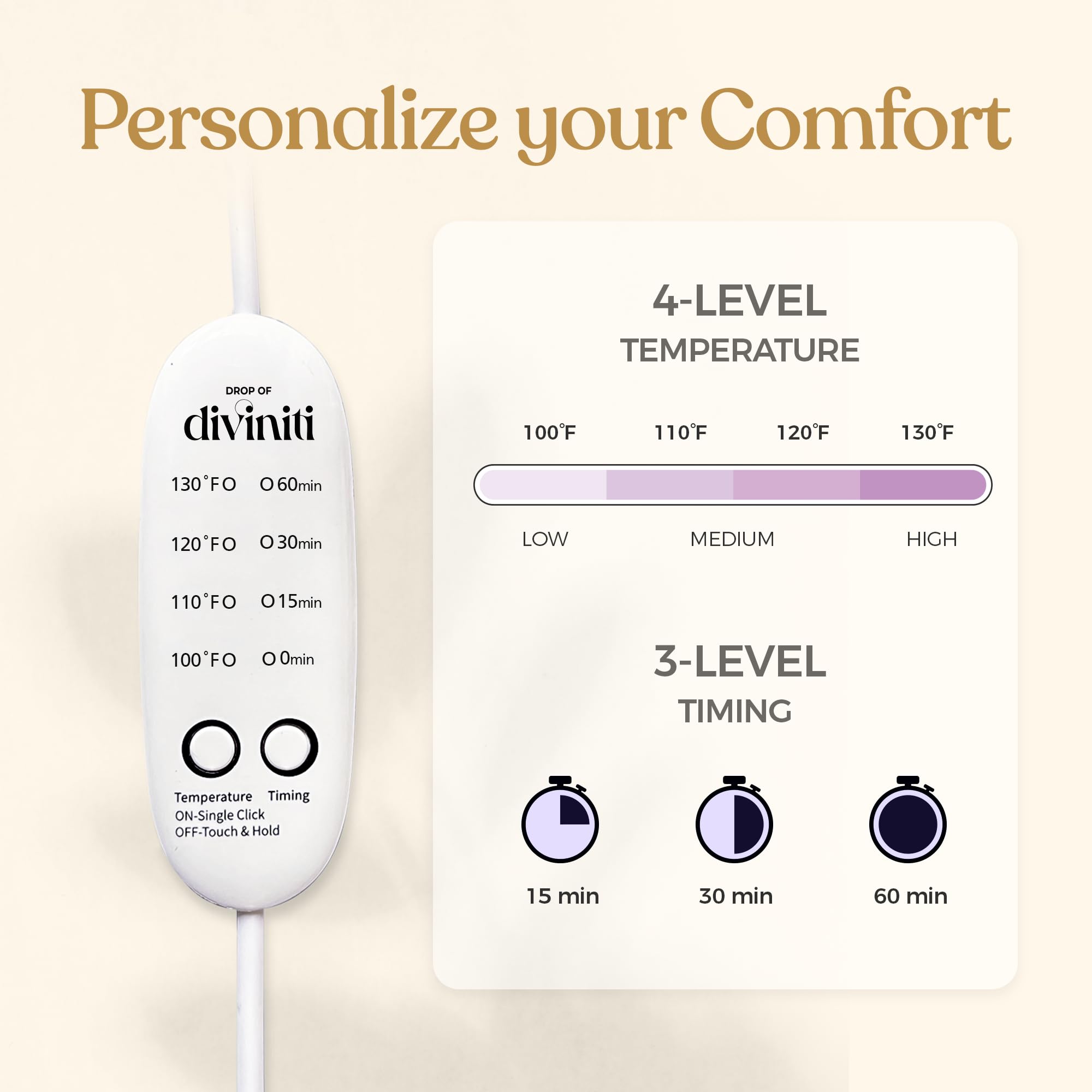 Drop of Diviniti heated eye mask heat-dial image, precise 100-130°F warmth.