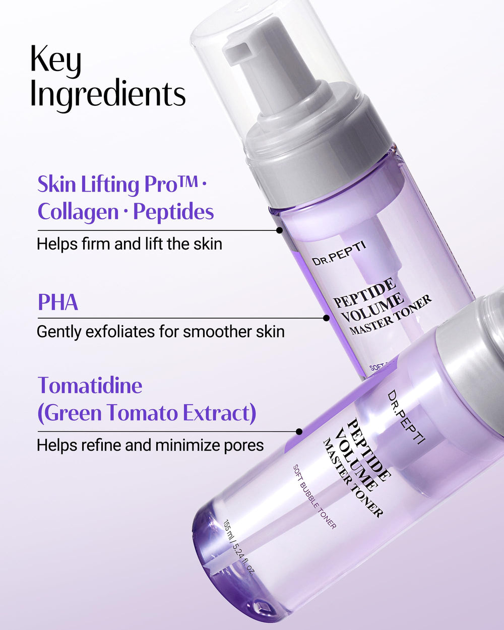 Pump-dispense design of DR.PEPTI Toner ensures controlled, non-drip application.