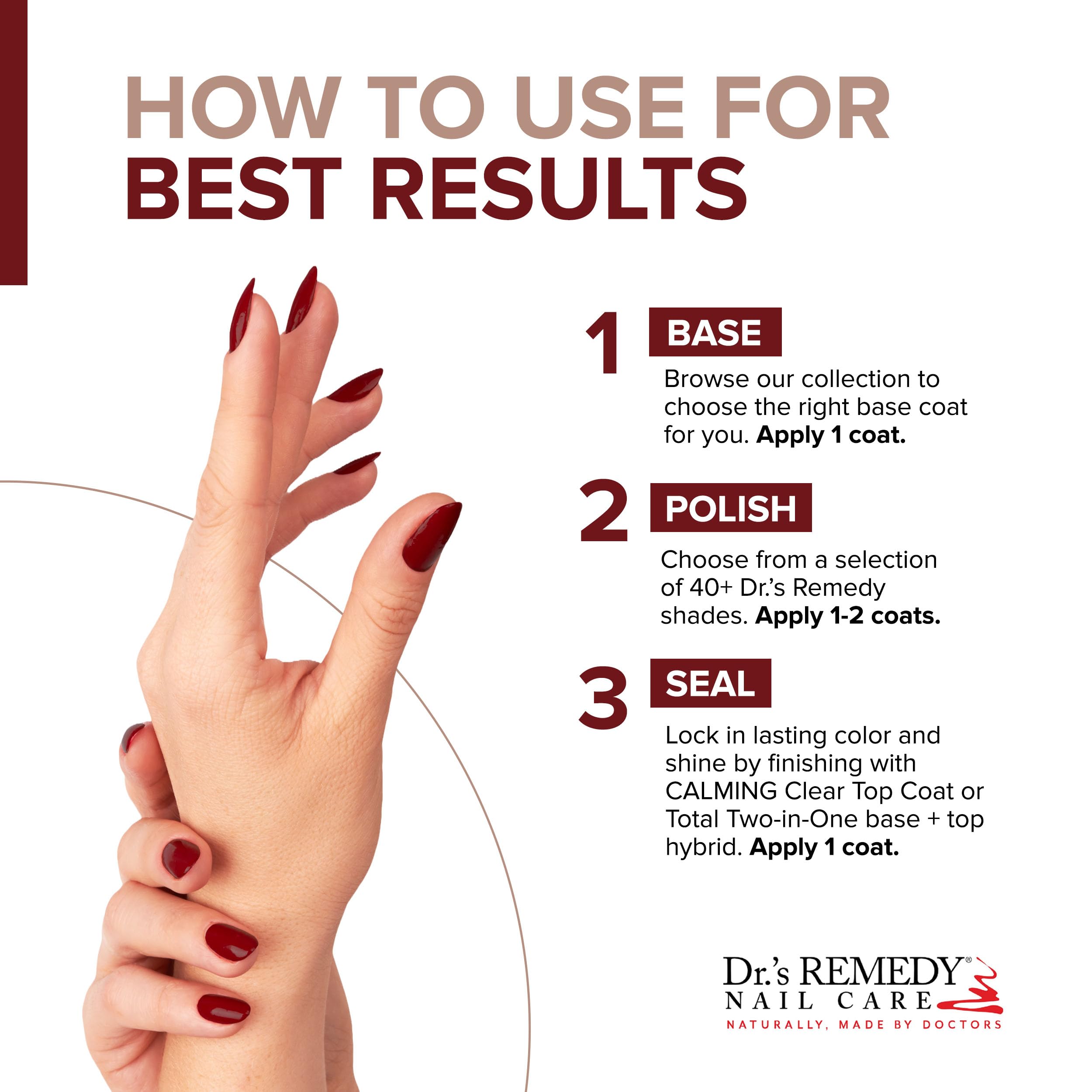 Dr.’s Remedy Balance Brick Red brush applying color on swatch for quick-dry results.