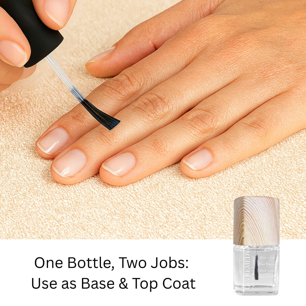 Dr.'s Remedy Enriched Nail Polish Clarity Coral base coat and top coat being viewed side-by-side