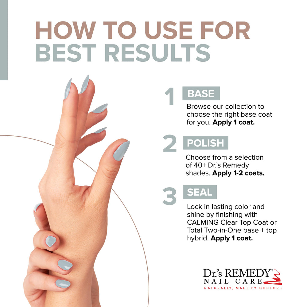 Dr.'s Remedy nail polish on nails reveals brilliant shine and hydration.