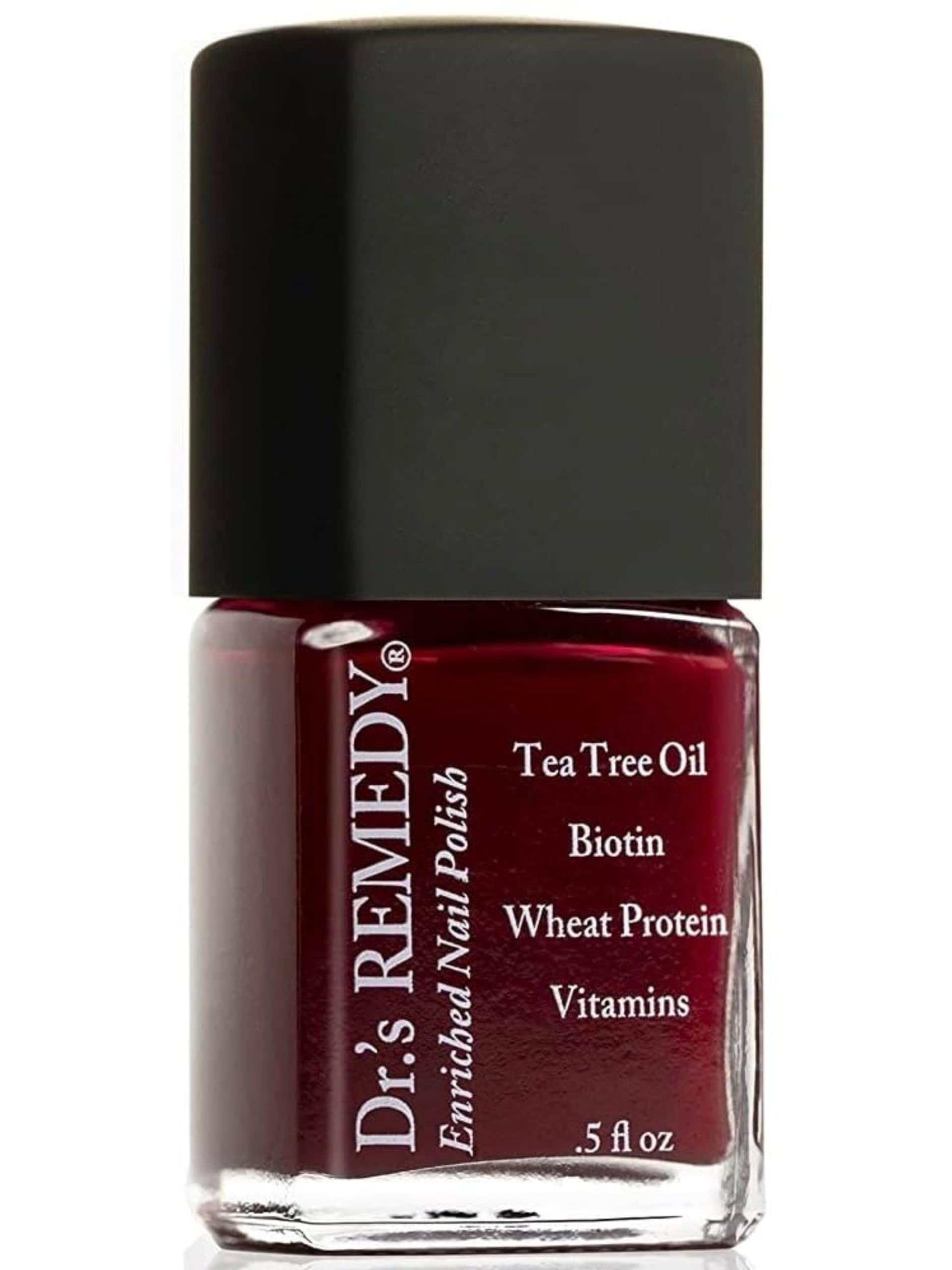 Dr.'s Remedy Enriched Nail Polish Sassy Scarlet bottle shows rich gloss and hydration.