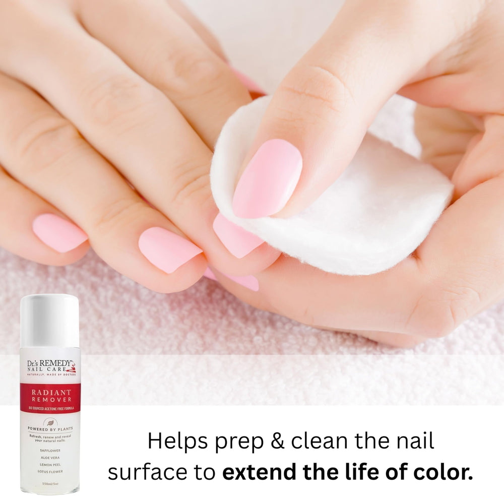 Dr.'s Remedy hands with polish shows hydrating care for nails.