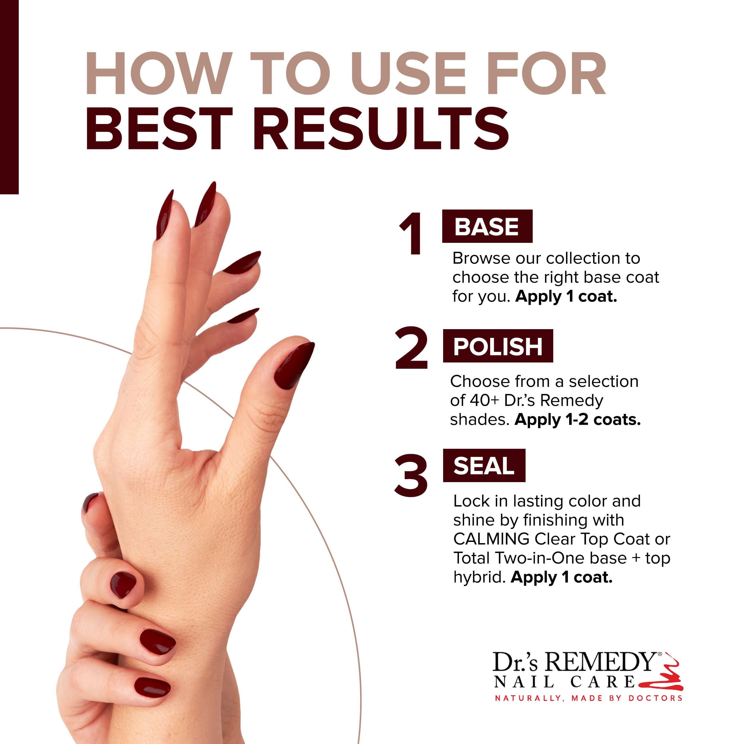 Shiny Sassy Scarlet polish on nails demonstrates long-lasting finish.