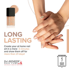 Dr. Remedy Purity Peach brush stroke on nail, smooth application and quick-dry finish.