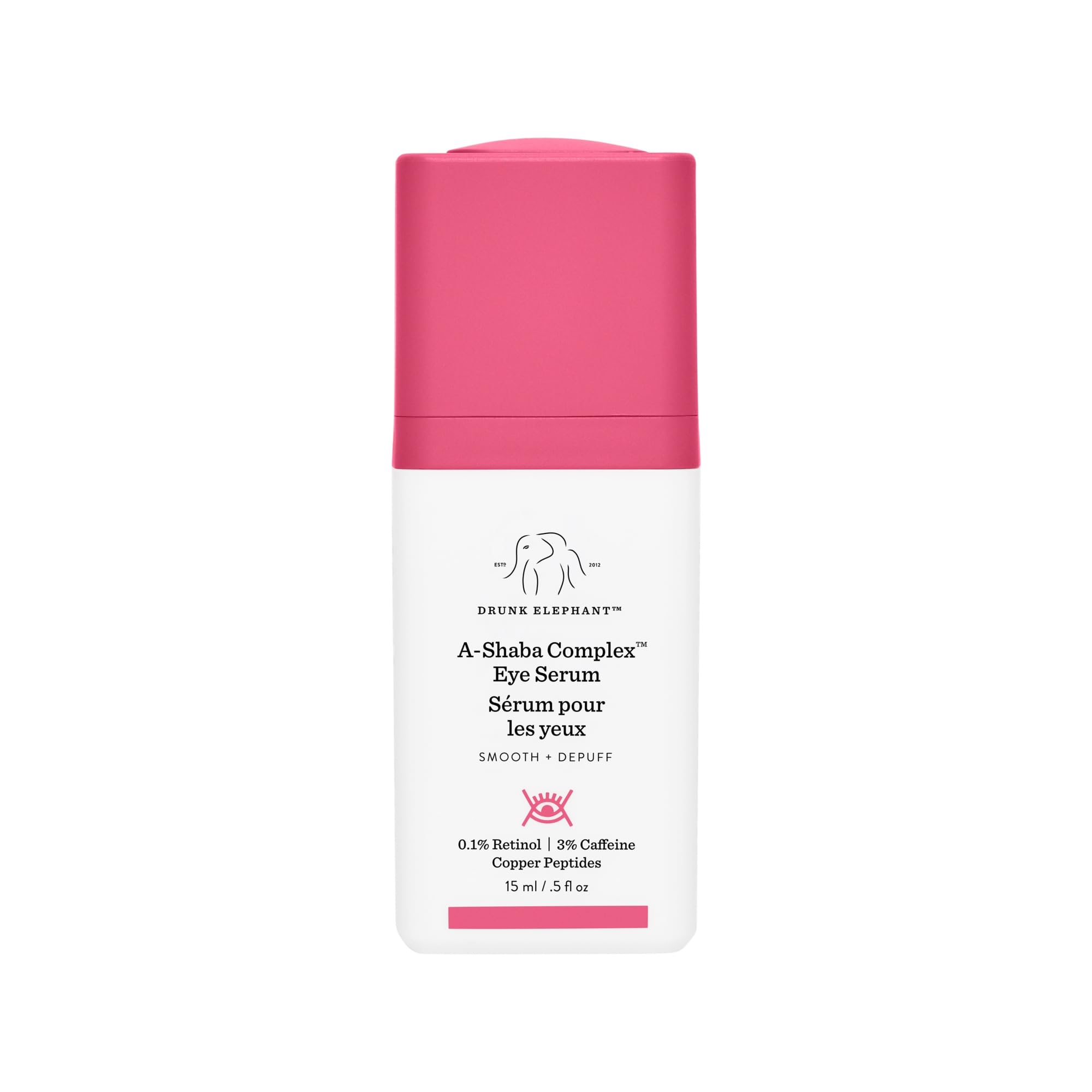Drunk Elephant A-Shaba Eye Serum bottle close-up showing sleek packaging for smoother under-eye care