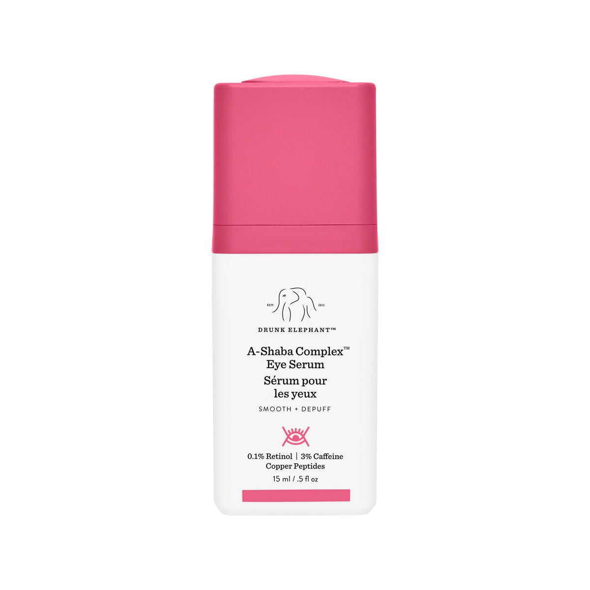 Drunk Elephant A-Shaba Eye Serum bottle close-up showing sleek packaging for smoother under-eye care