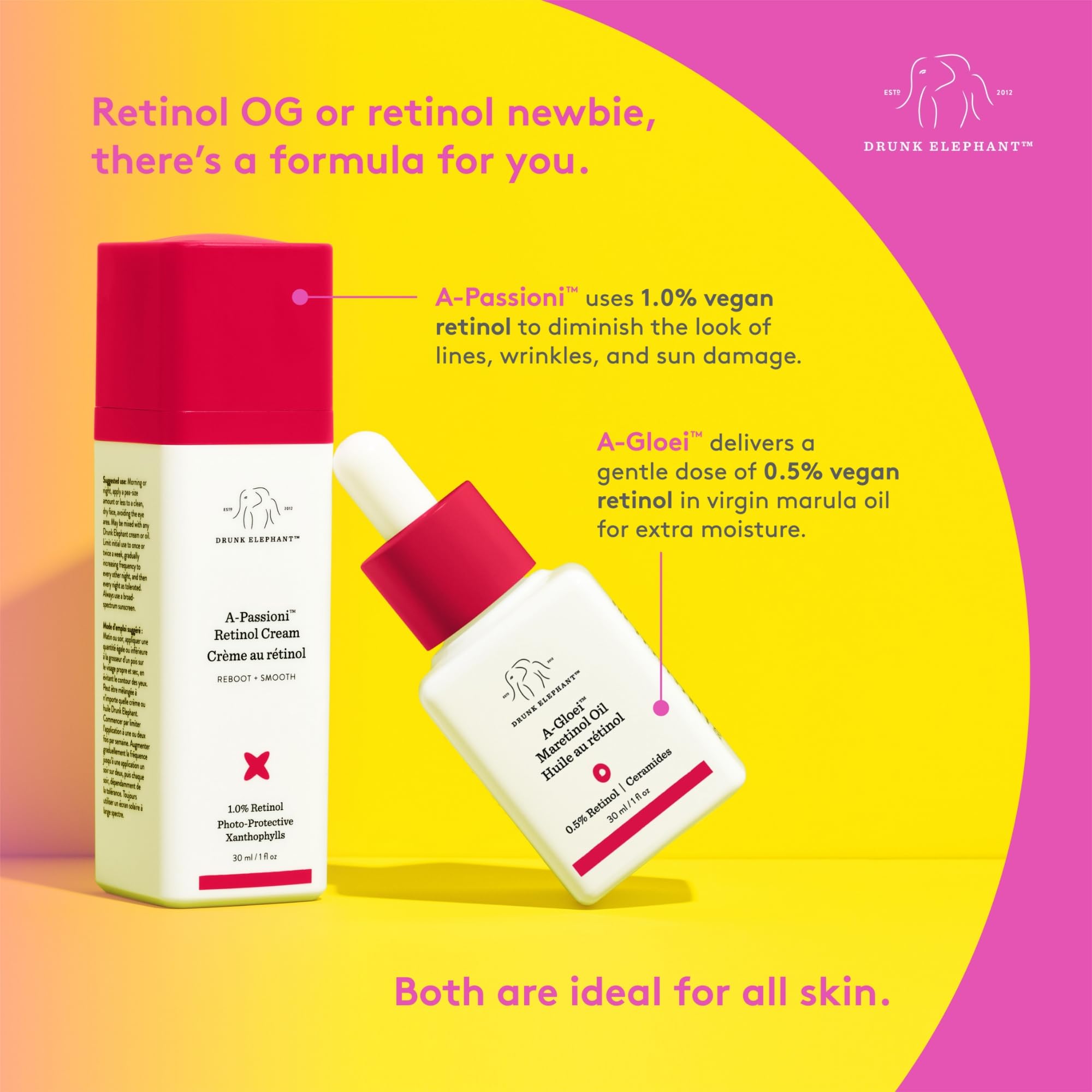 Drunk Elephant packaging emphasizes fragrance-free, clean clinical skincare ethos.