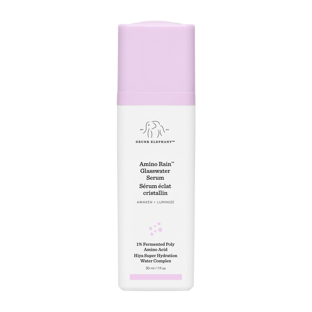 Drunk Elephant Amino Rain Glasswater Serum bottle with a pearly glow for hydration