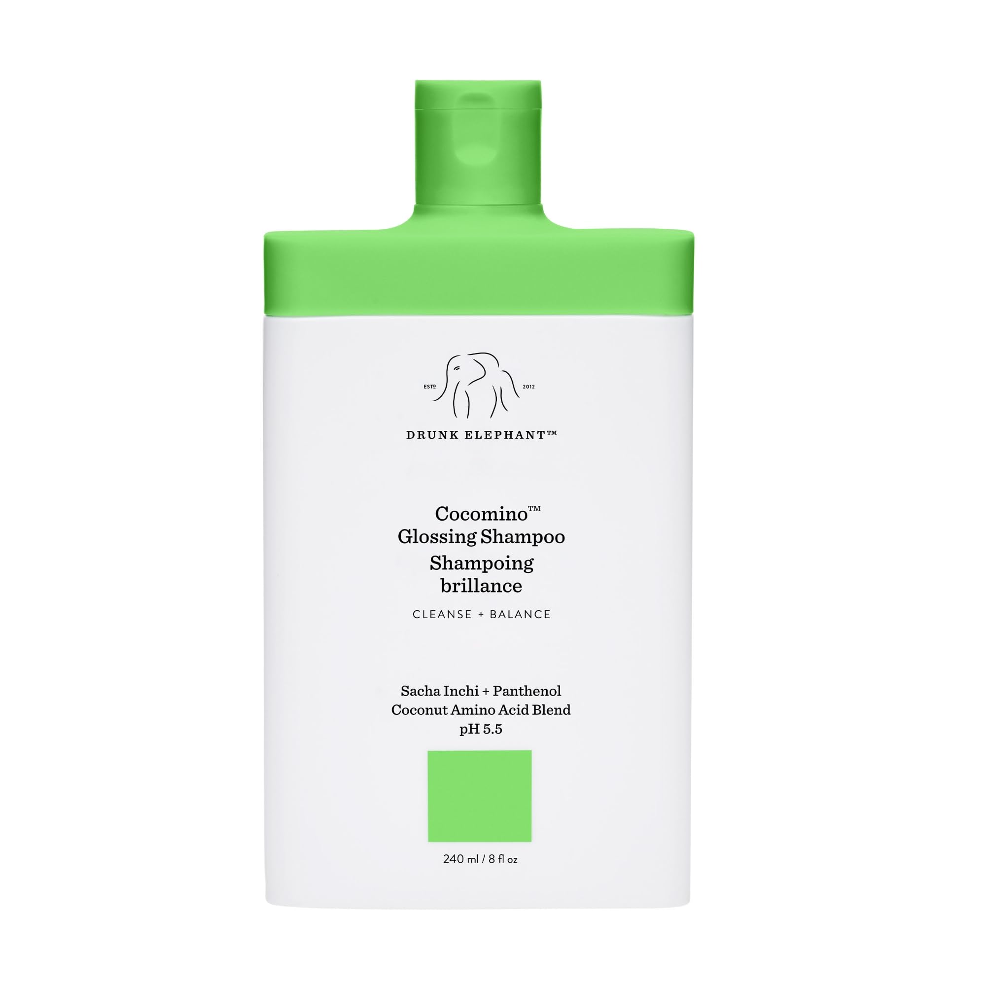 Drunk Elephant Cocomino Glossing Shampoo bottle with almond scent boosts shine