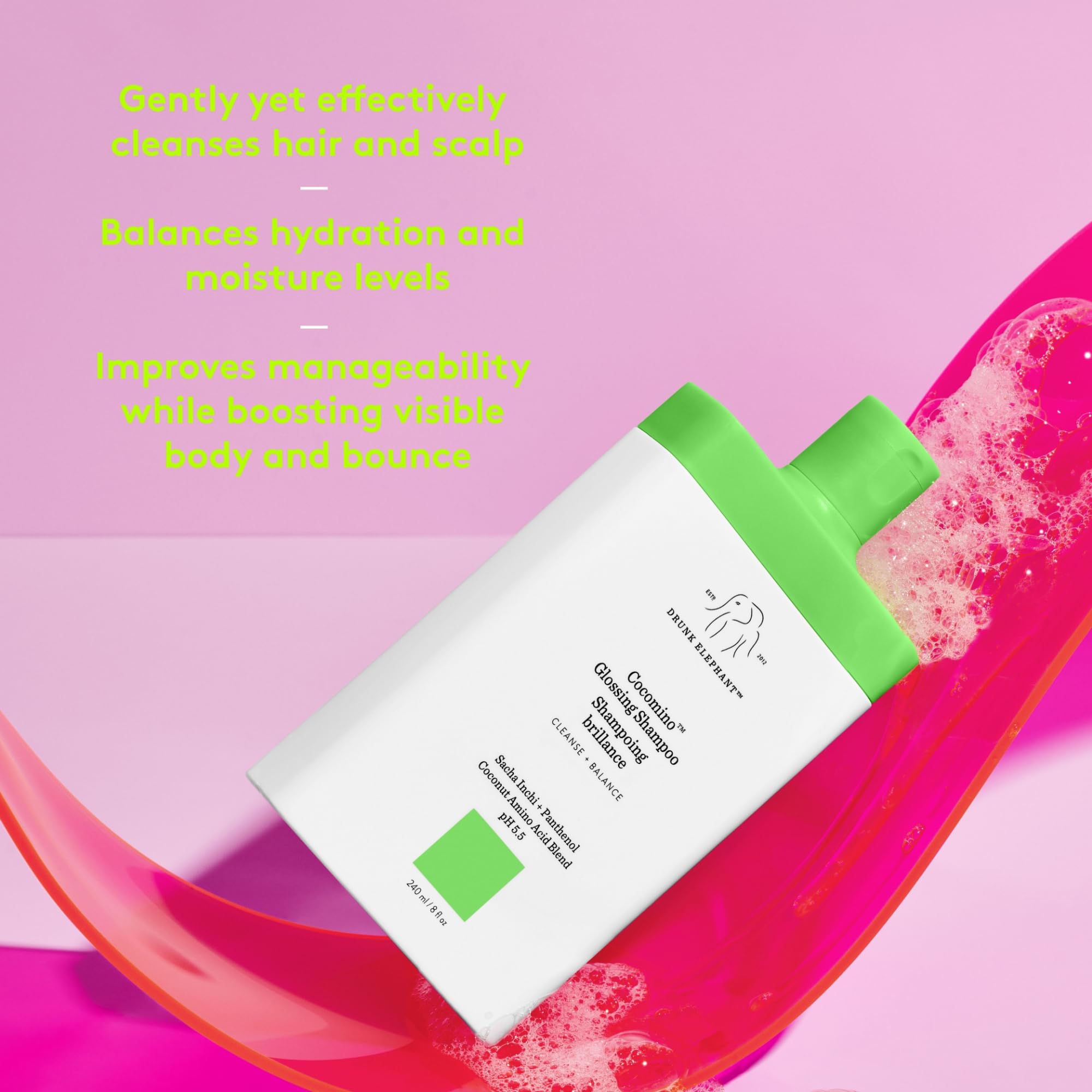Drunk Elephant Cocomino Glossing Shampoo cleanses dirt and buildup on hair