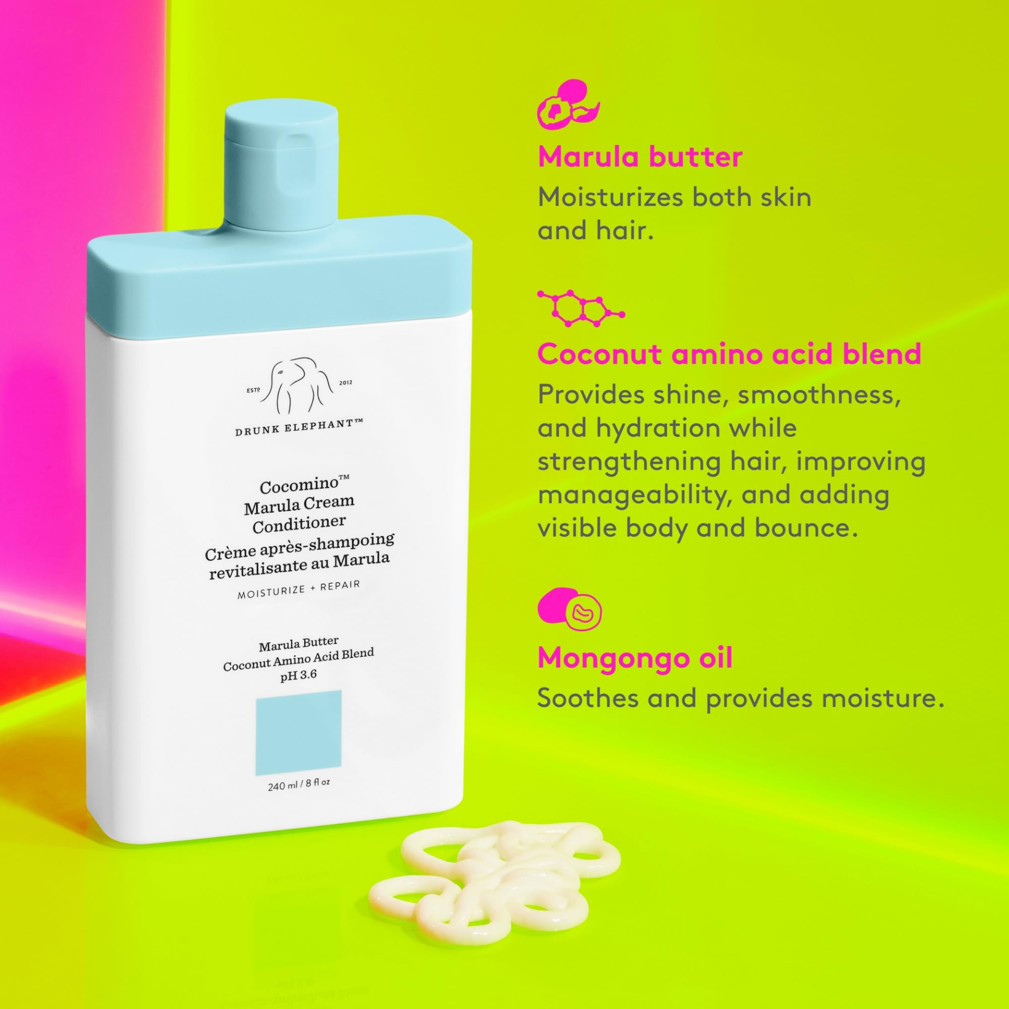 Packaging of Drunk Elephant Cocomino Marula Cream Conditioner emphasizes clean, practical design.