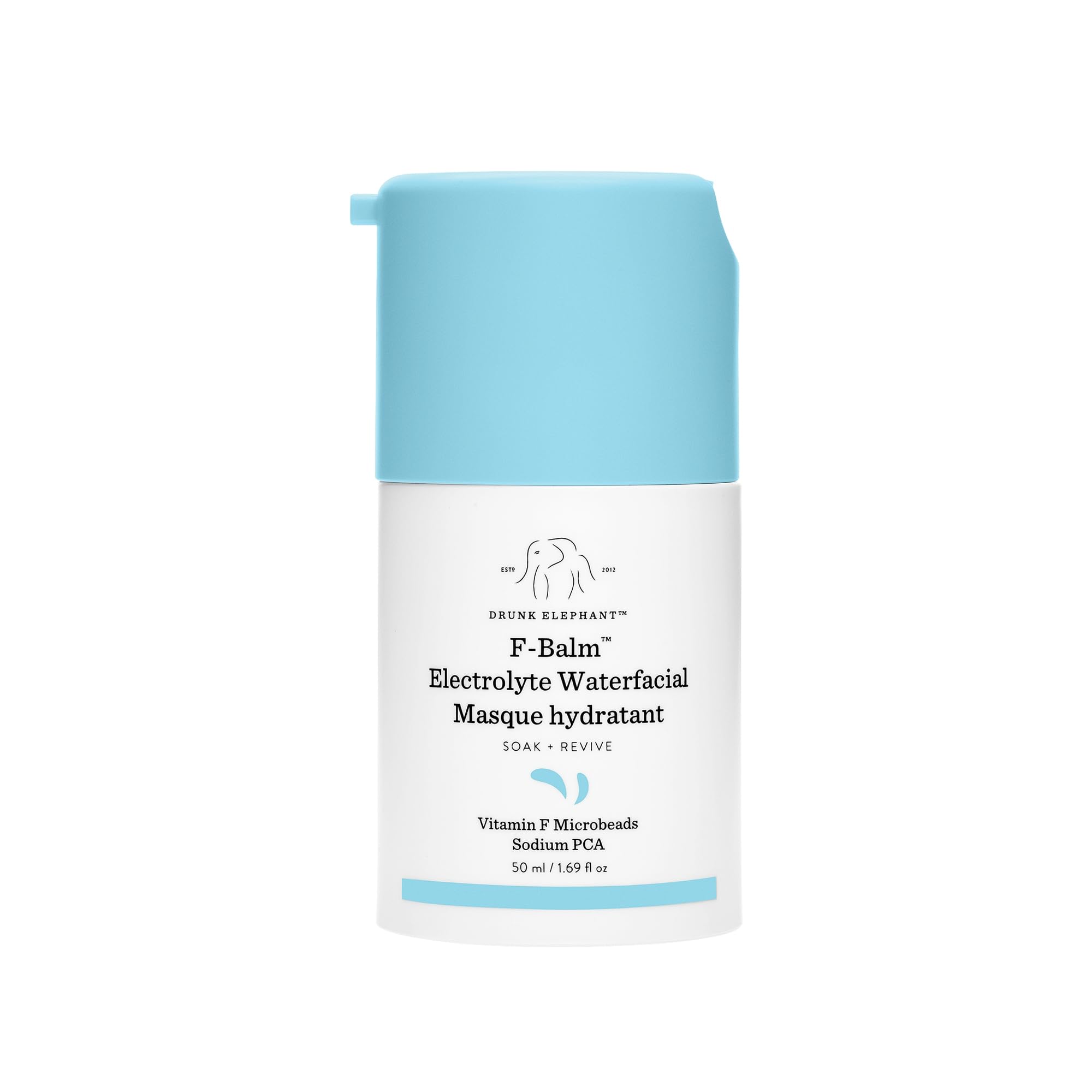 F-Balm Électrolyte Waterfacial de Drunk Elephant, flacon rafraîchissant pour hydratation en profondeur.