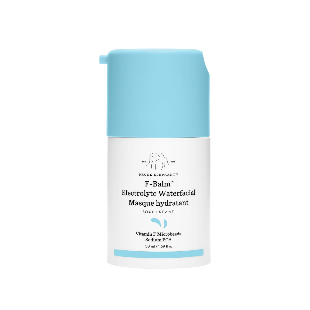 F-Balm Électrolyte Waterfacial de Drunk Elephant, flacon rafraîchissant pour hydratation en profondeur.