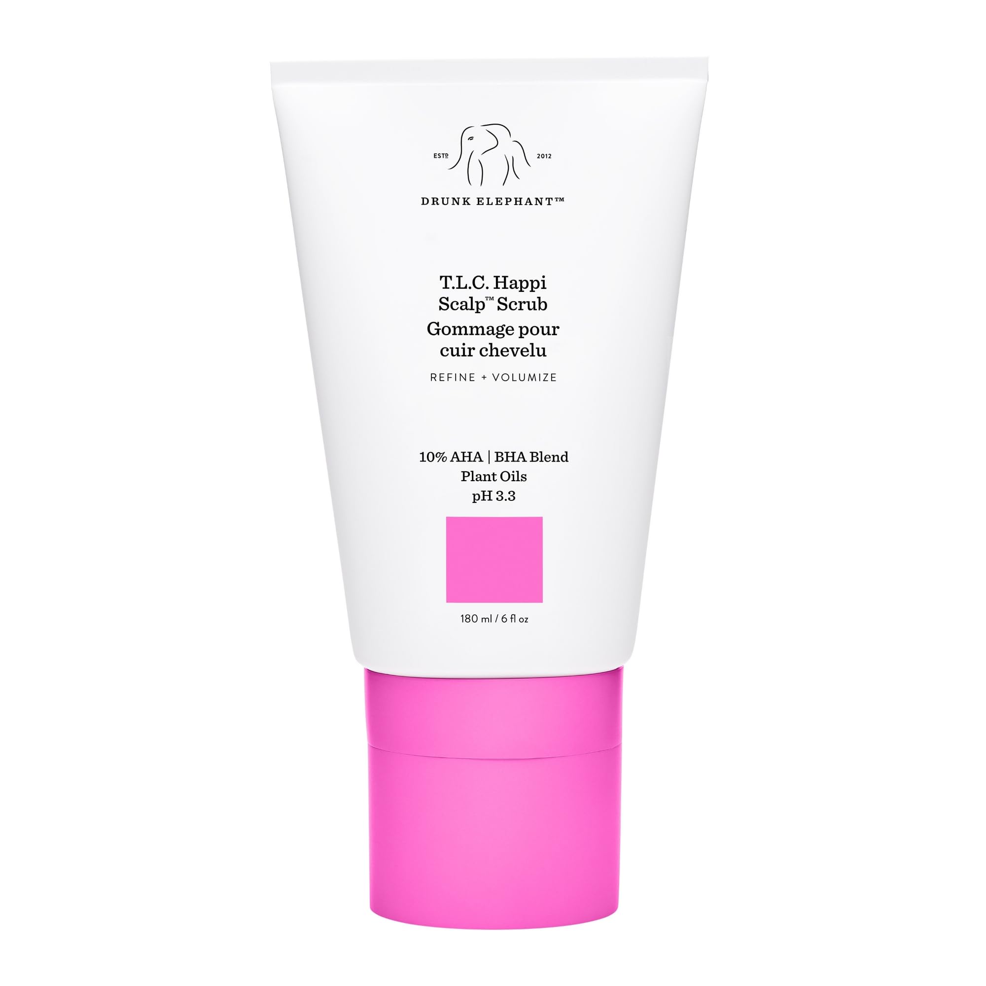 Drunk Elephant Happi Scalp Scrub bottle close-up, exfoliating scalp for balanced, flake-free results.