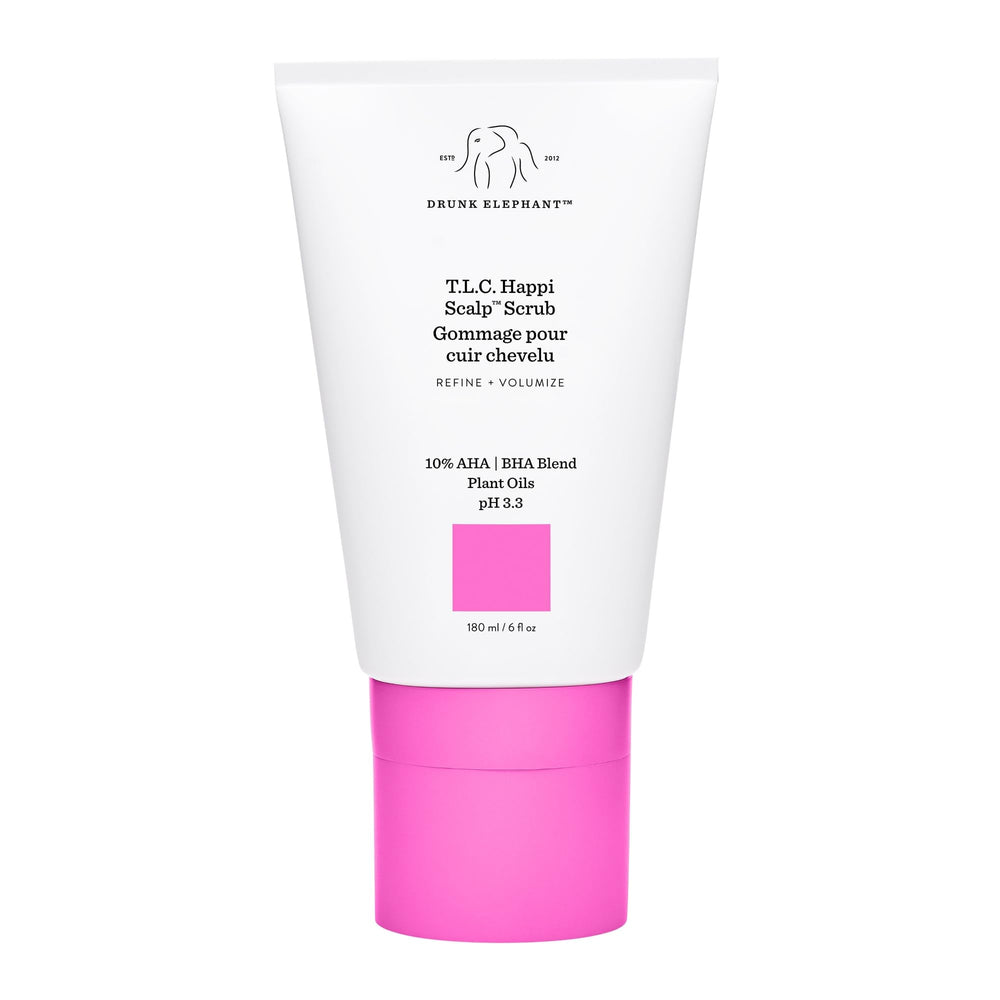 Drunk Elephant Happi Scalp Scrub bottle close-up, exfoliating scalp for balanced, flake-free results.