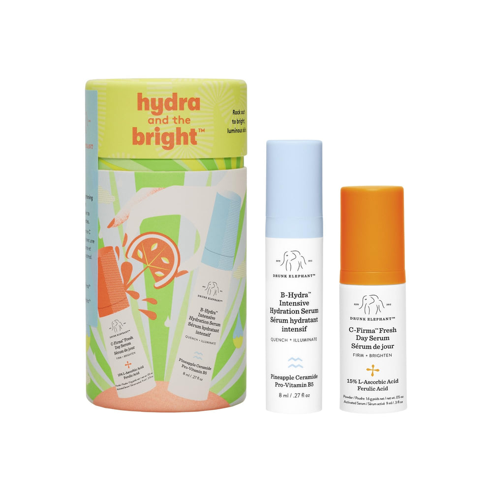 Drunk Elephant Hydra and the Bright duo box for travel skincare illumination.