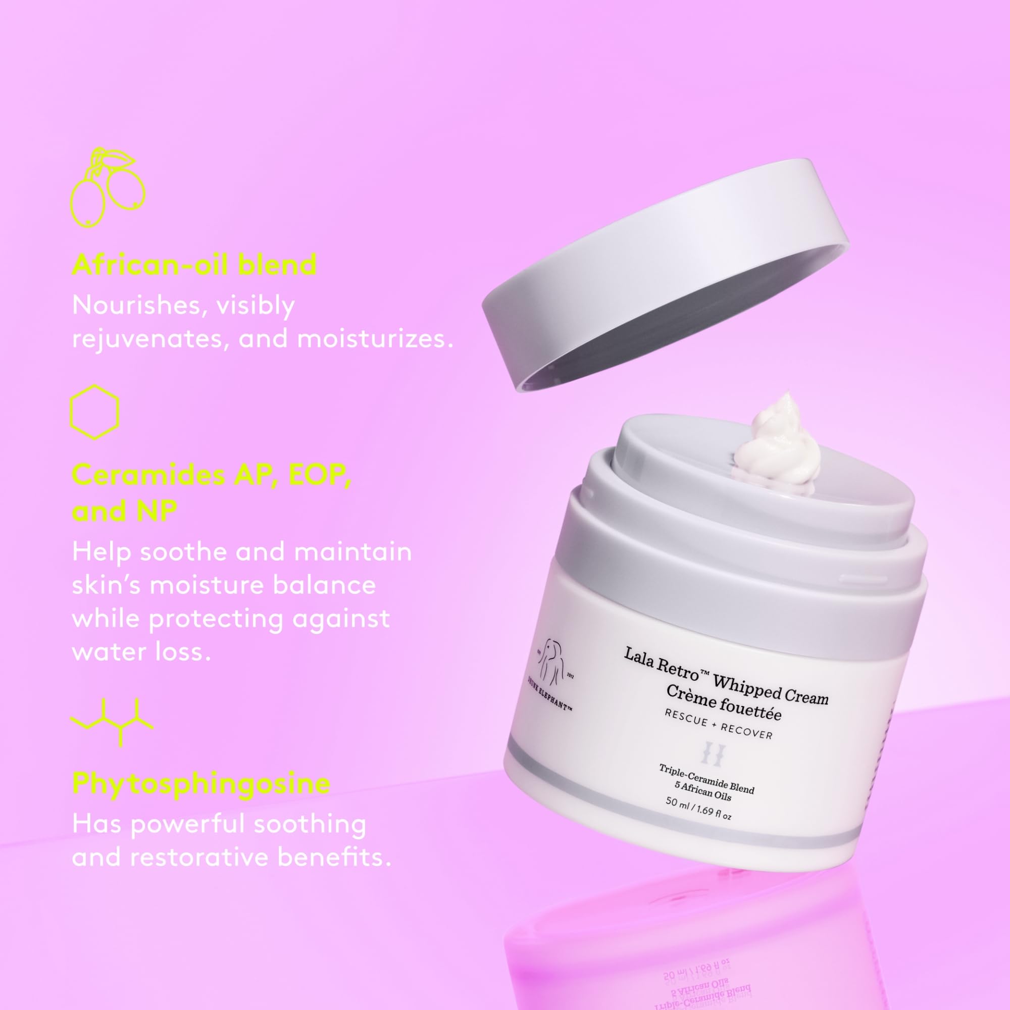 Drunk Elephant Lala Retro bottle with African oil blend ingredients.