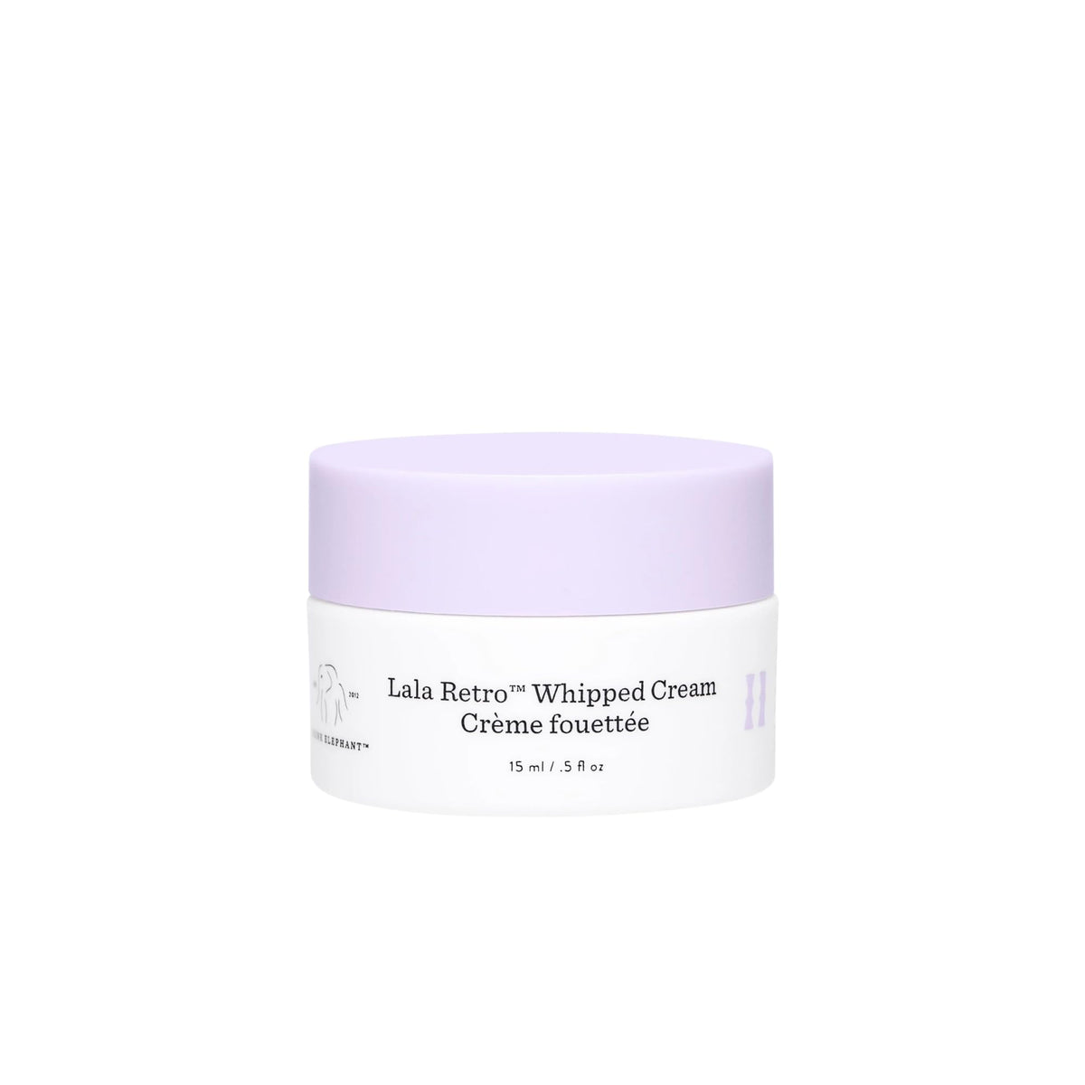 Drunk Elephant Lala Retro whipped cream jar close-up shows hydration-ready texture.