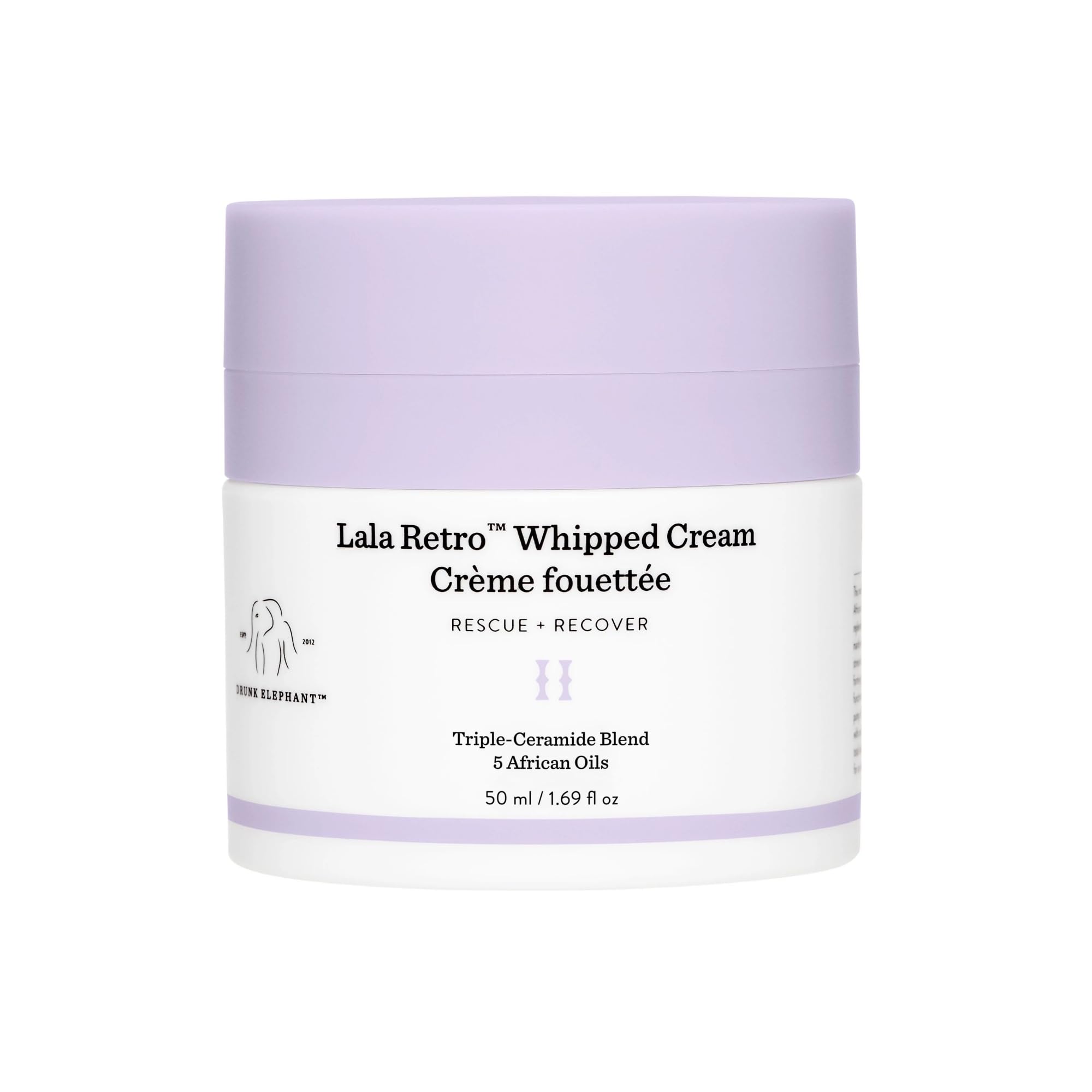 Drunk Elephant Lala Retro Whipped Cream jar closeup highlighting whipped texture for hydration.