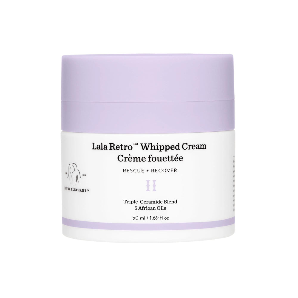 Drunk Elephant Lala Retro Whipped Cream jar closeup highlighting whipped texture for hydration.