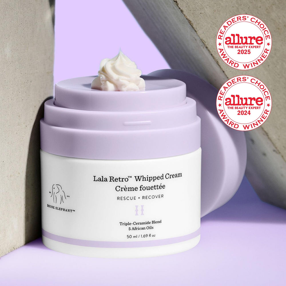 Drunk Elephant Lala Retro whipped cream swirl demonstrates creamy moisture for daily use.