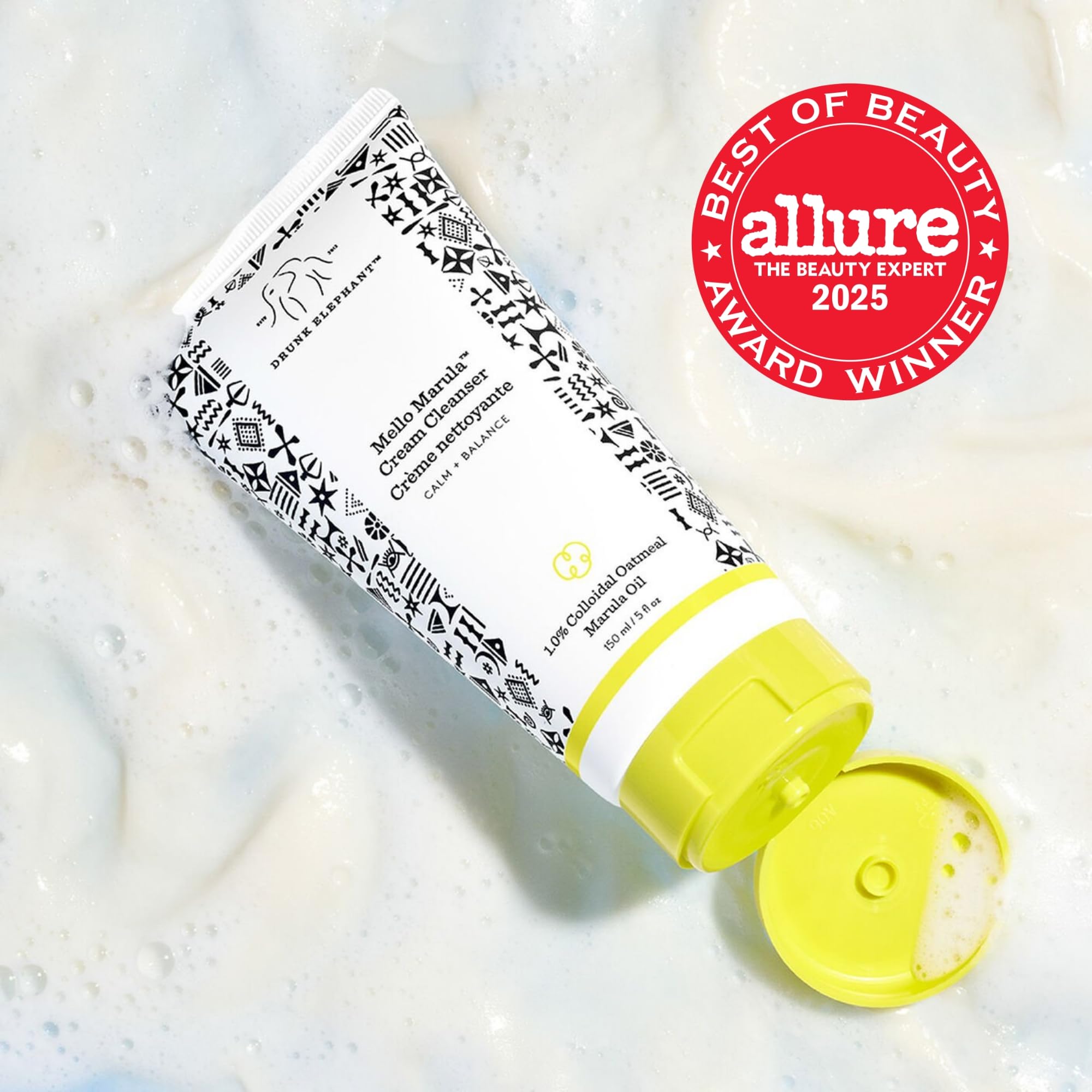 Drunk Elephant Mello Marula Cream Cleanser bottle back reveals nourishing skin-calming formula.