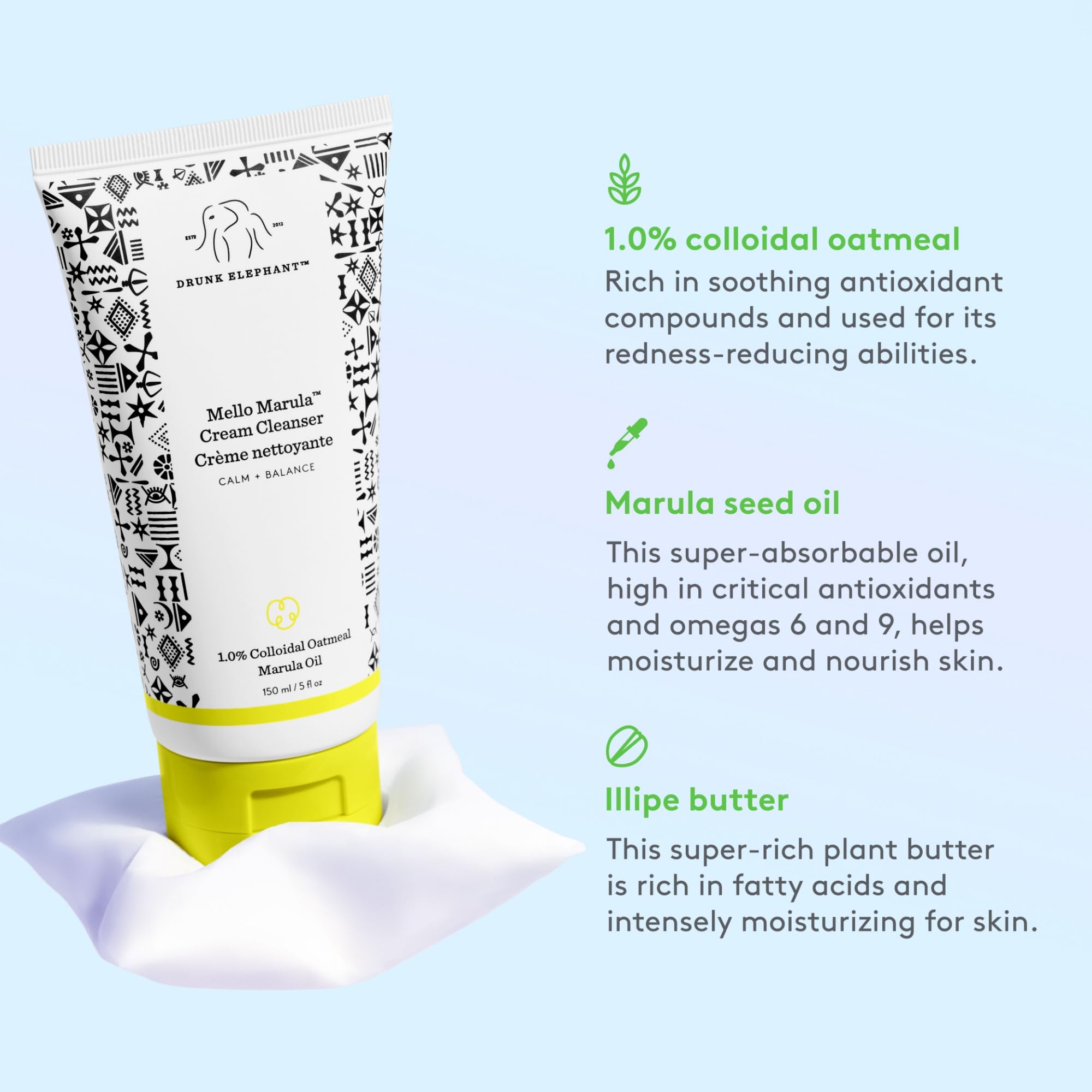 Drunk Elephant Mello Marula Cream Cleanser texture on hand highlights nourishing feel.