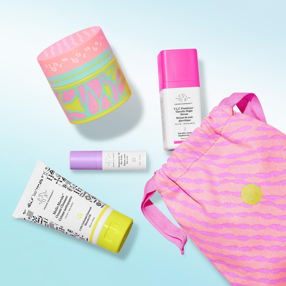Closeup of Drunk Elephant product textures and formulas.