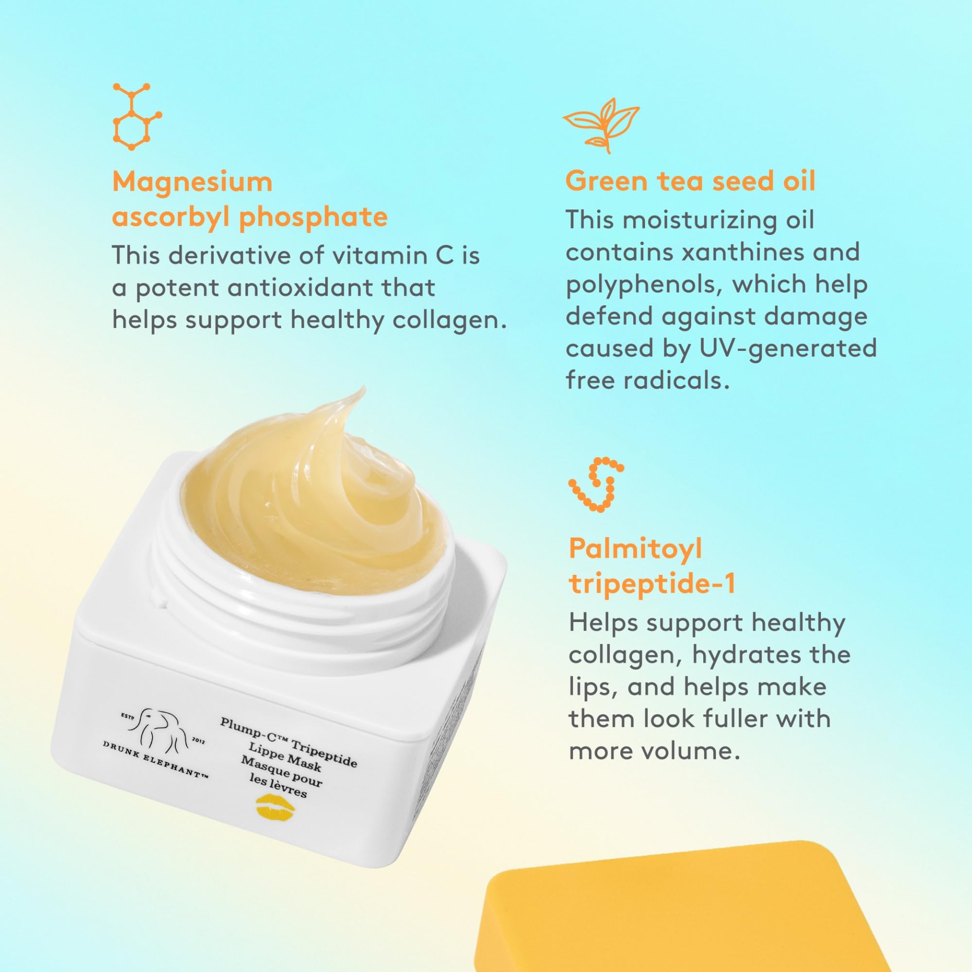 Drunk Elephant Lippe Mask packaging emphasizes clean, fragrance-free formula.
