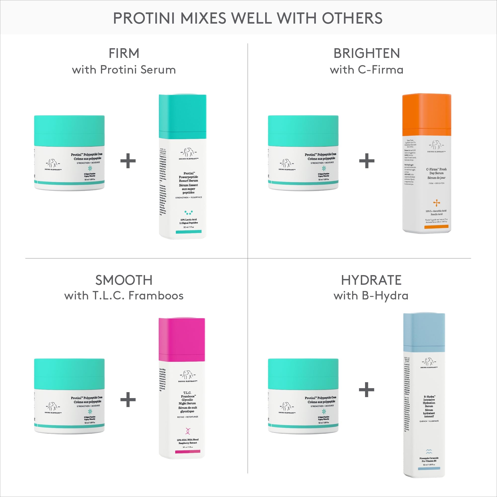 Drunk Elephant Protini cream showcase skin-firming potential.