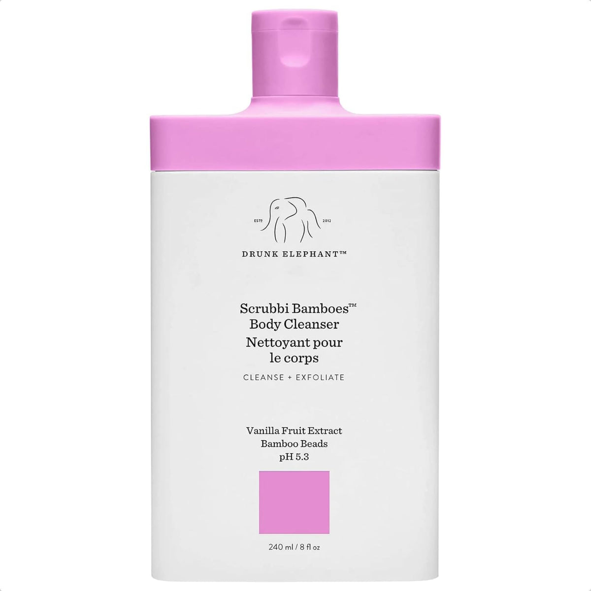 Drunk Elephant Scrubbi Bamboes Body Cleanser bottle for daily shower use