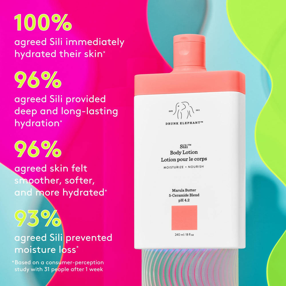 Drunk Elephant Sili Body Lotion massaged into the skin for hydration.